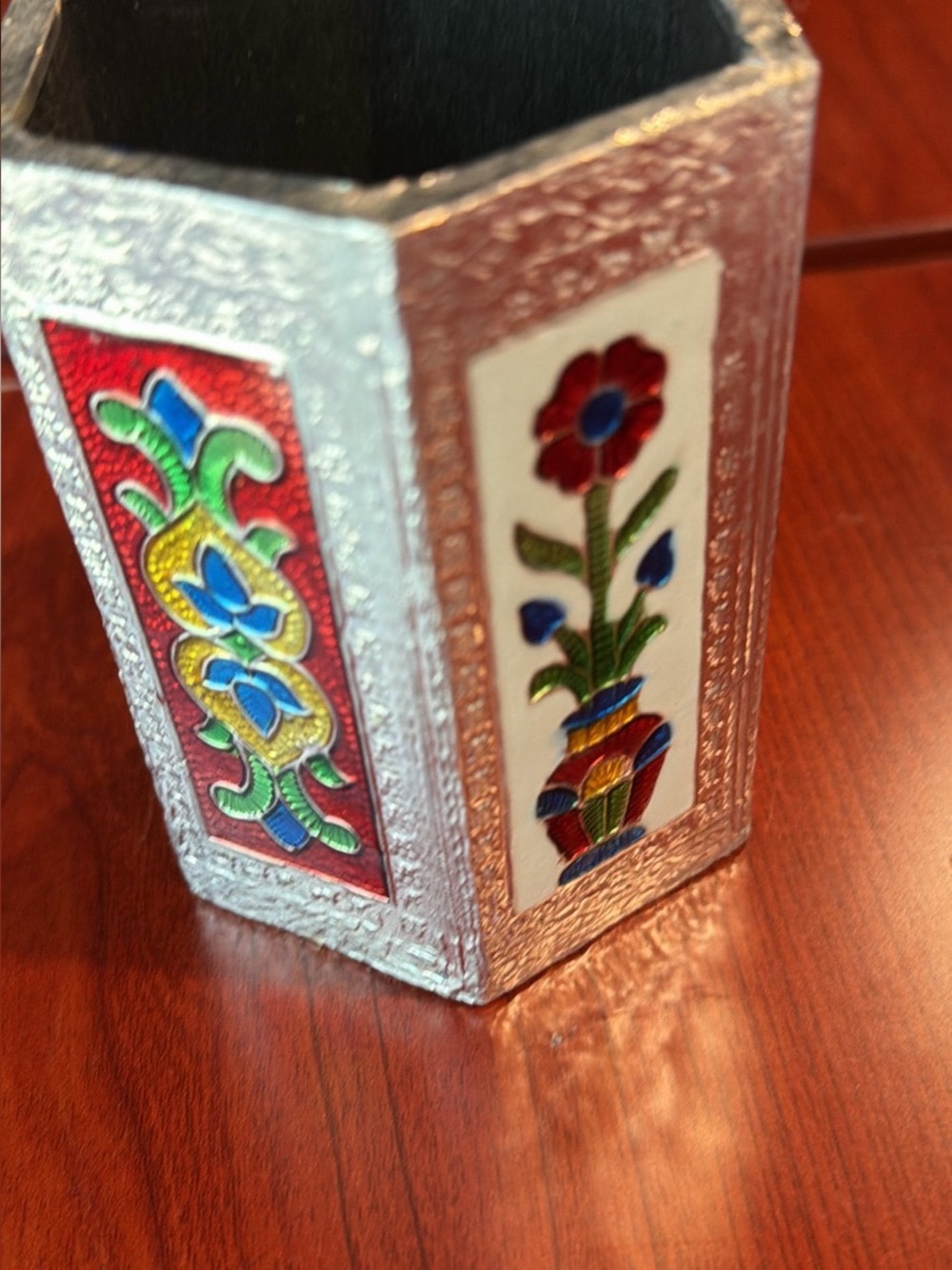 Handcrafted Silver-Tone Floral Vase - Multicolor